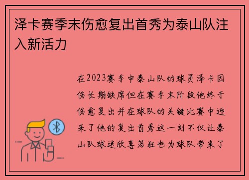 泽卡赛季末伤愈复出首秀为泰山队注入新活力 泽卡赛季末伤愈复出首秀为泰山队注入新活力