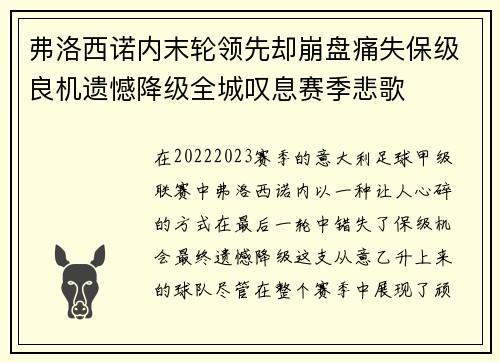 弗洛西诺内末轮领先却崩盘痛失保级良机遗憾降级全城叹息赛季悲歌